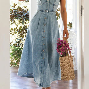 Button-Up Sleeveless Denim Dress