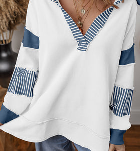 Striped Patchwork V-Neck Pullover