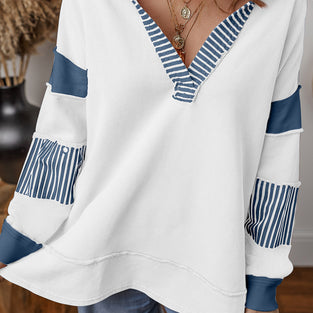 Striped Patchwork V-Neck Pullover