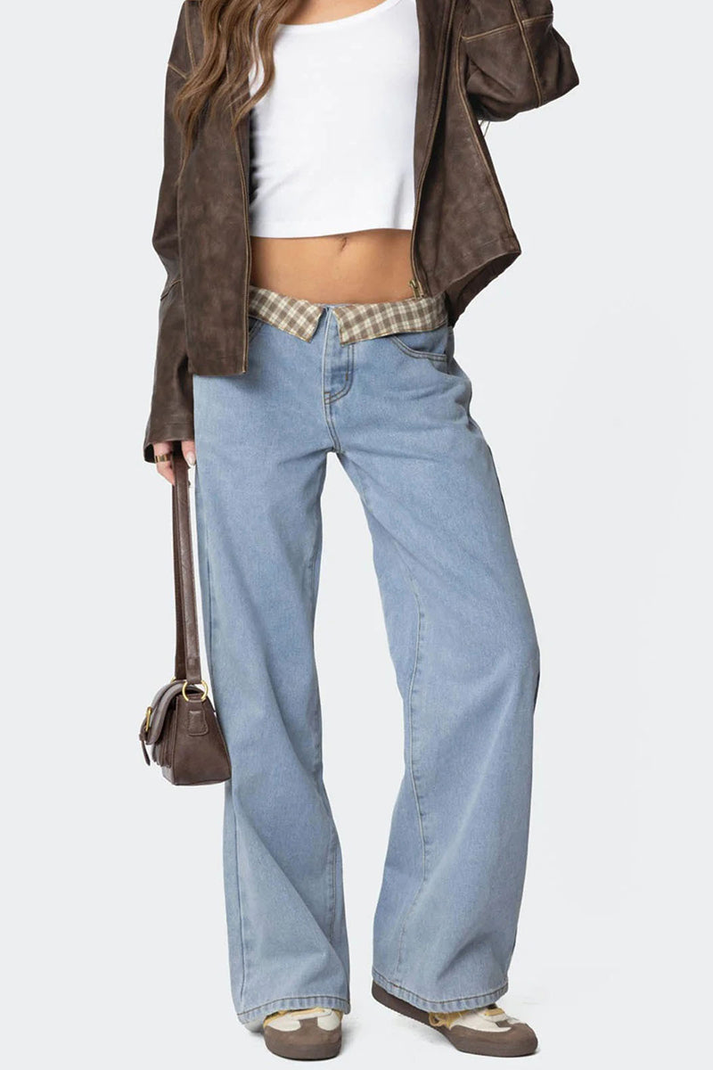 Foldover Waist Straight Denim Jeans