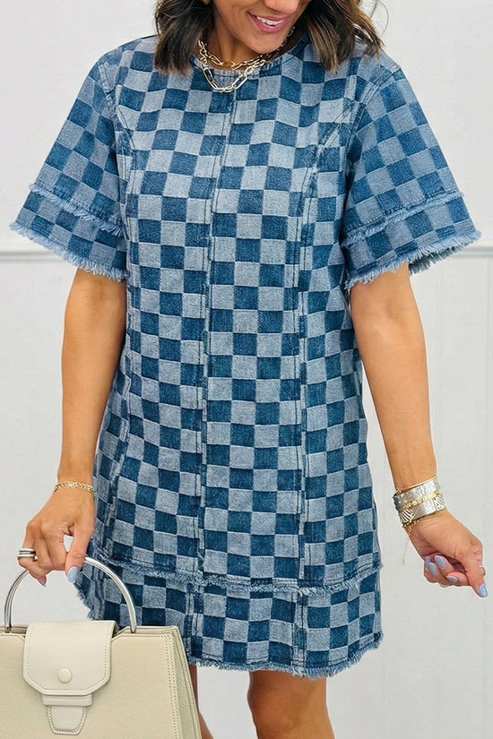 Frayed Hem Checkered Mini Dress