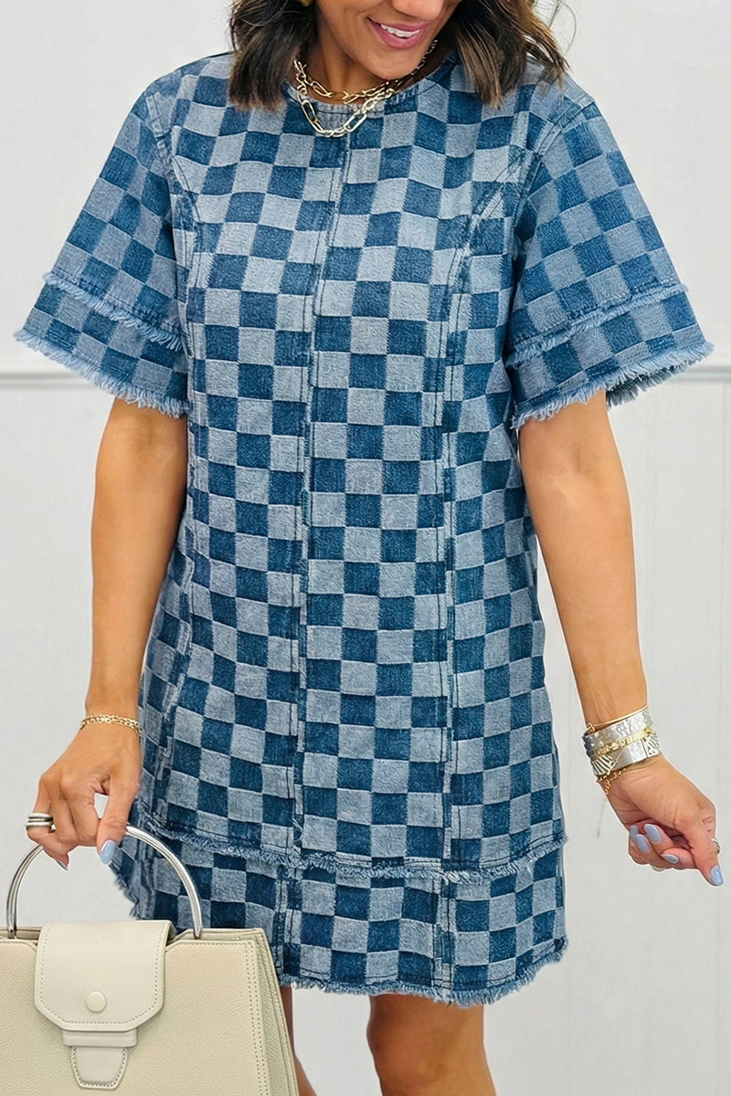 Frayed Hem Checkered Mini Dress