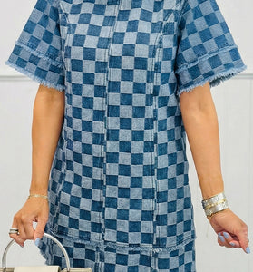 Frayed Hem Checkered Mini Dress