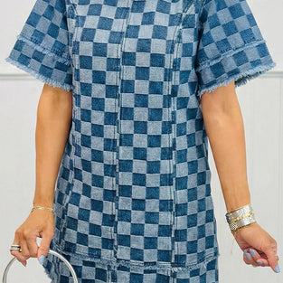 Frayed Hem Checkered Mini Dress