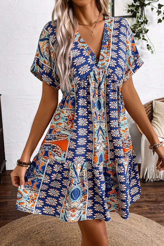Boho Floral Print V-Neck Casual Dress