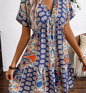 Boho Floral Print V-Neck Casual Dress