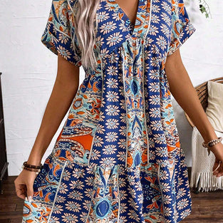 Boho Floral Print V-Neck Casual Dress