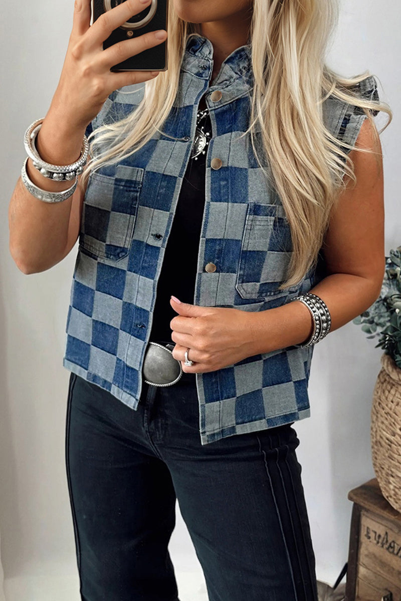 Checkered Sleeveless Denim Vest