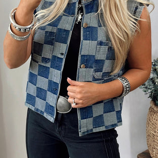 Checkered Sleeveless Denim Vest