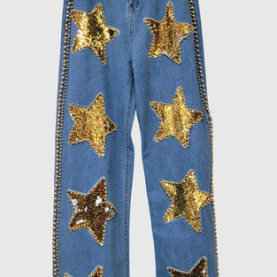 Star Embellished Denim Pants