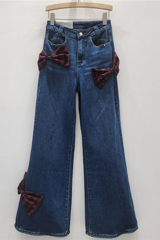 Bow-Accent Straight Leg Denim Pants