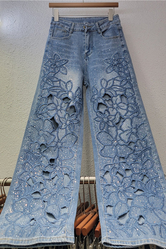 Floral Cutout Wide Leg Denim Jeans