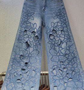 Floral Cutout Wide Leg Denim Jeans