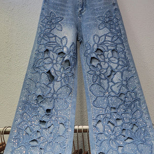 Floral Cutout Wide Leg Denim Jeans