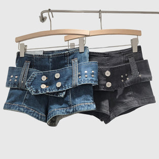 Belted High-Waist Denim Shorts