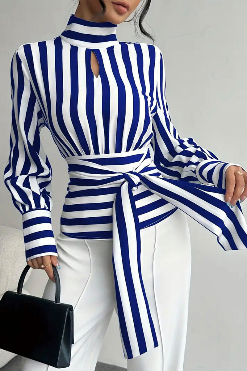 Striped Wrap Long Sleeve Blouse