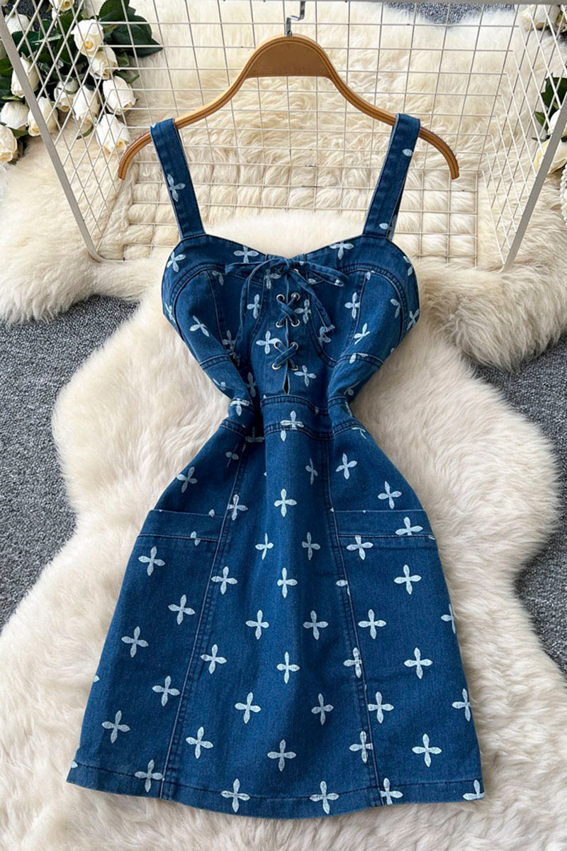 Floral Detail Sleeveless Denim Dress