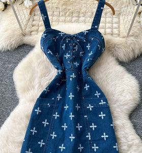 Floral Detail Sleeveless Denim Dress