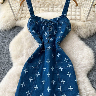 Floral Detail Sleeveless Denim Dress