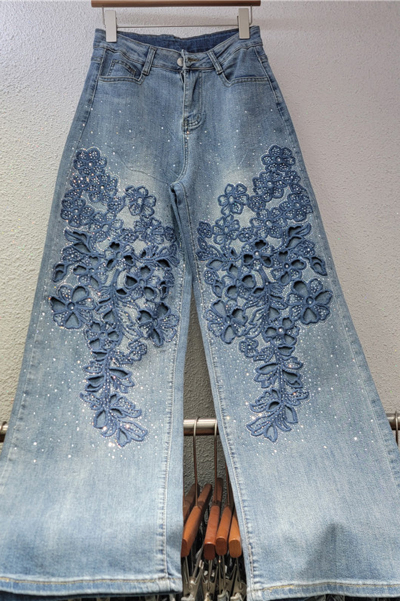 Floral Detail Straight Jeans