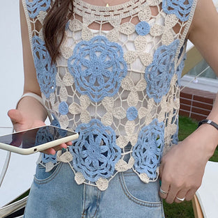 Floral Crochet Sleeveless Knit Vest