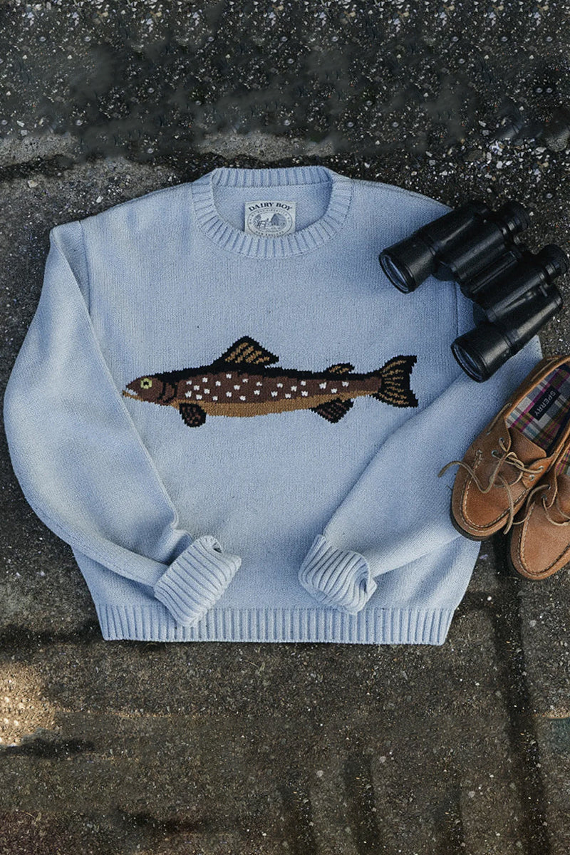 Fish Motif Crewneck Sweater