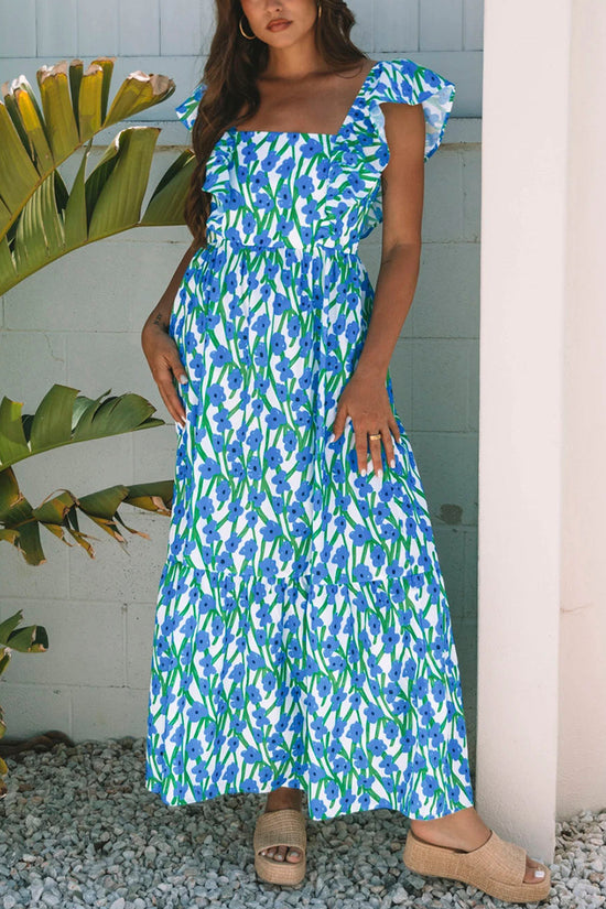 Floral Square Neck Ruffled Strap Dress