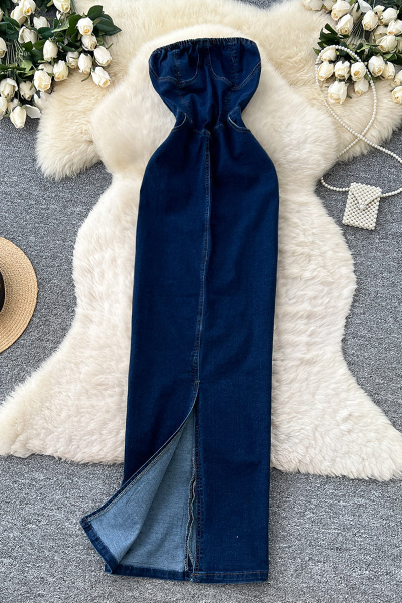 High Waist Denim Maxi Dress