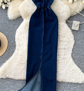 High Waist Denim Maxi Dress