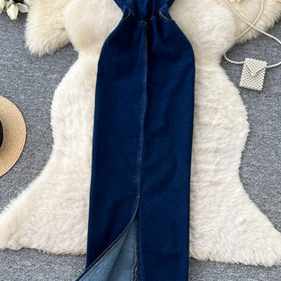 High Waist Denim Maxi Dress