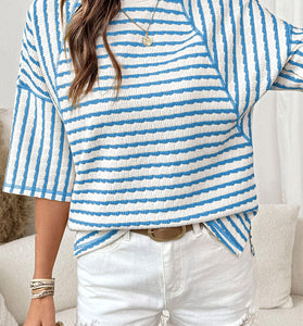 Textured Stripe Split Hem Loose Top