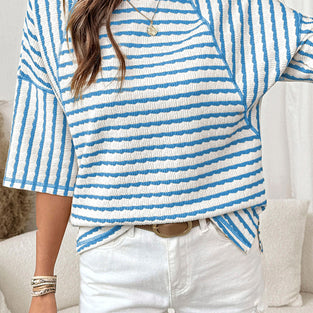 Textured Stripe Split Hem Loose Top