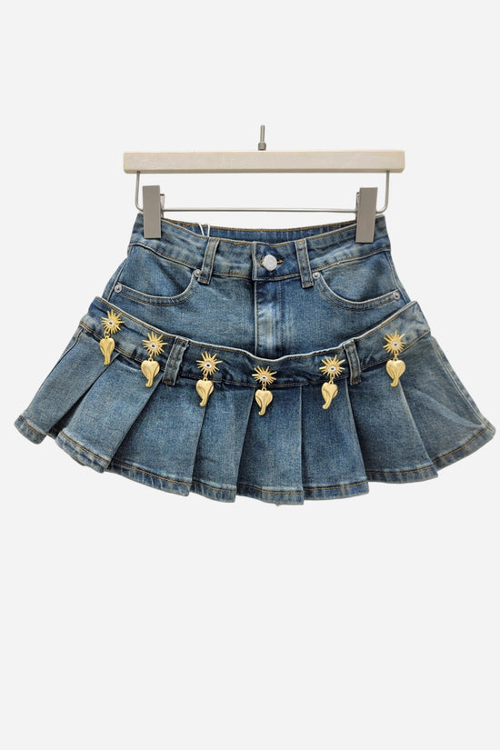 Pleated Charm Details Denim Skirt