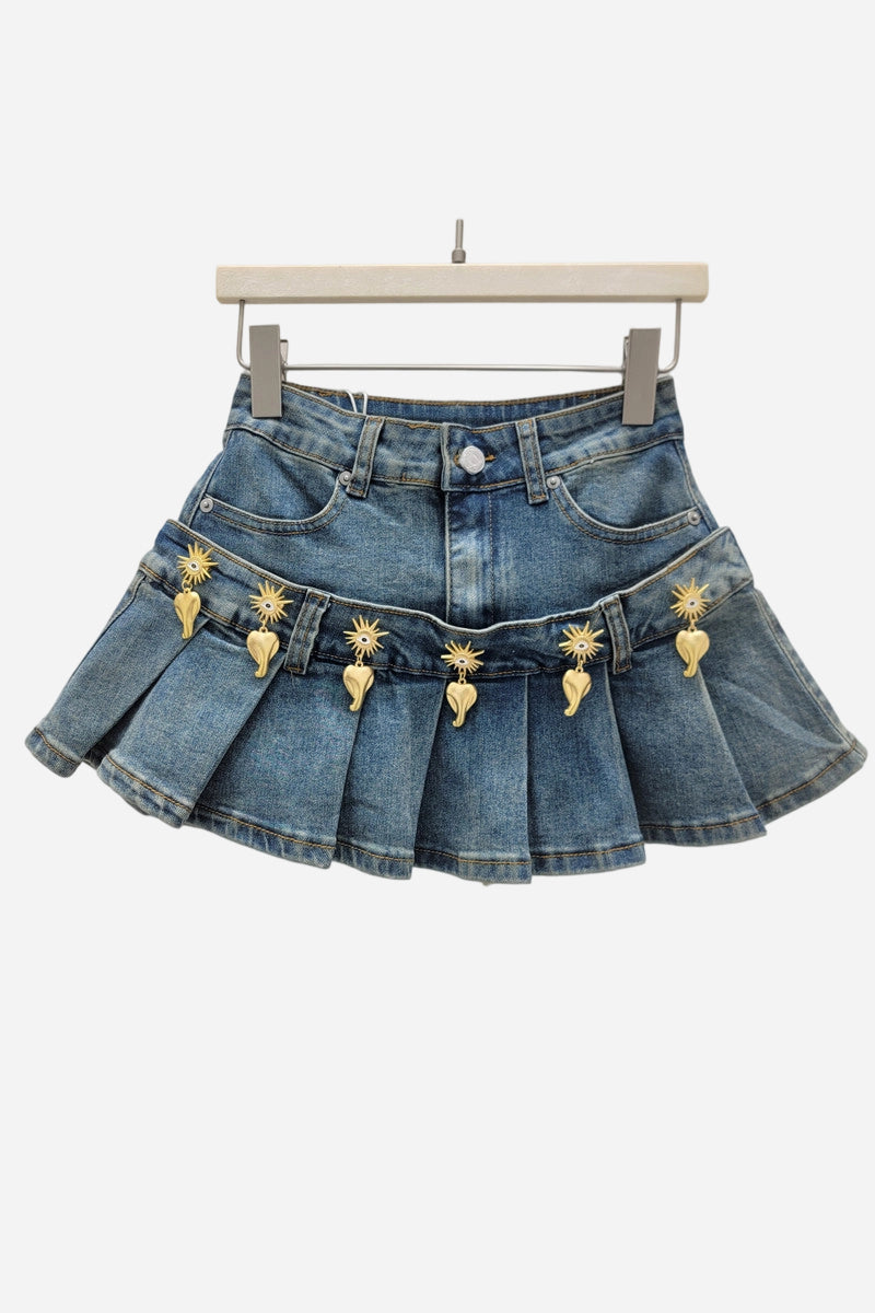 Pleated Charm Details Denim Skirt