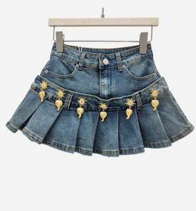 Pleated Charm Details Denim Skirt