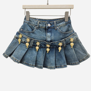 Pleated Charm Details Denim Skirt