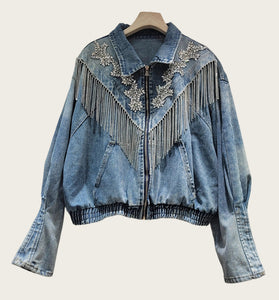 Embellished Denim Jacket with Fringe