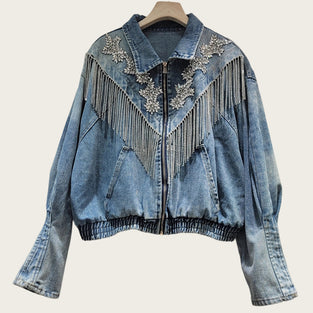 Embellished Denim Jacket with Fringe