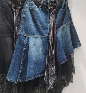 Asymmetric Denim Skirt with Lace Detail