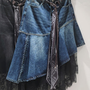 Asymmetric Denim Skirt with Lace Detail