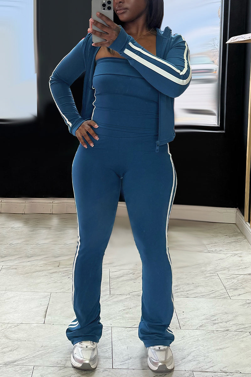Striped Activewear Set with Zipper Jacket