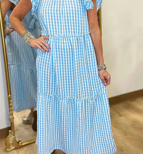 Knot Back Ruffled Short Sleeve Gingham Maxi Dress