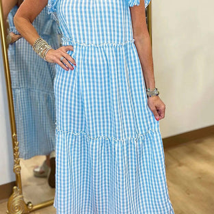 Knot Back Ruffled Short Sleeve Gingham Maxi Dress