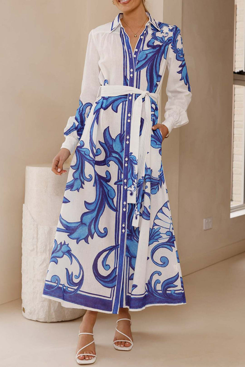 Floral Belted Long Sleeve Casual Dress