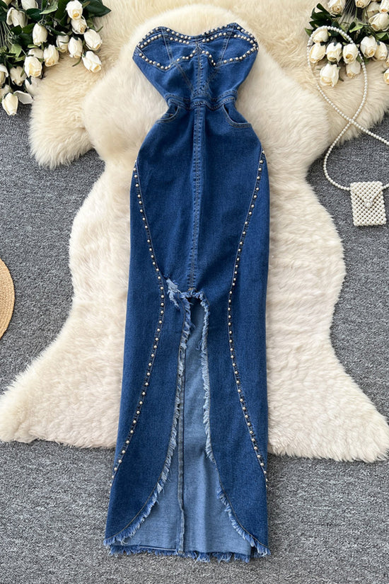 Studded Denim Strapless Long Dress