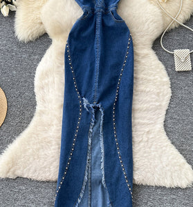 Studded Denim Strapless Long Dress
