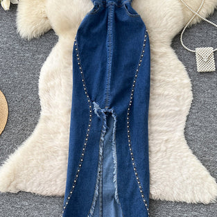 Studded Denim Strapless Long Dress