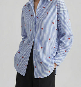 Heart Pattern Striped Oversized Blouse