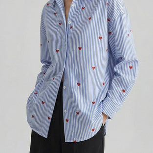Heart Pattern Striped Oversized Blouse