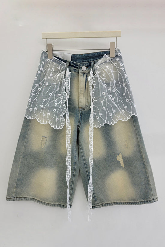 Lace-Trimmed Denim Shorts